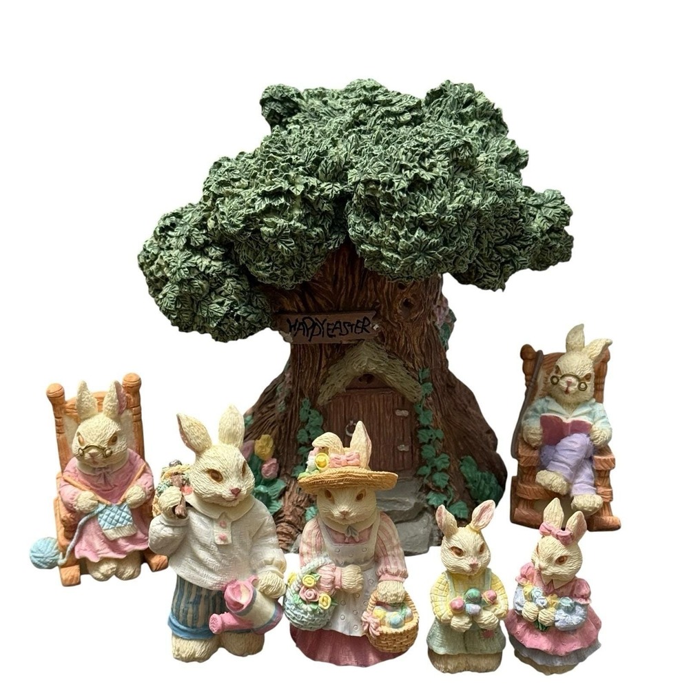 Vintage Easter Village Set 7Pc Bunny &‎ Lighted Tree House Light Works